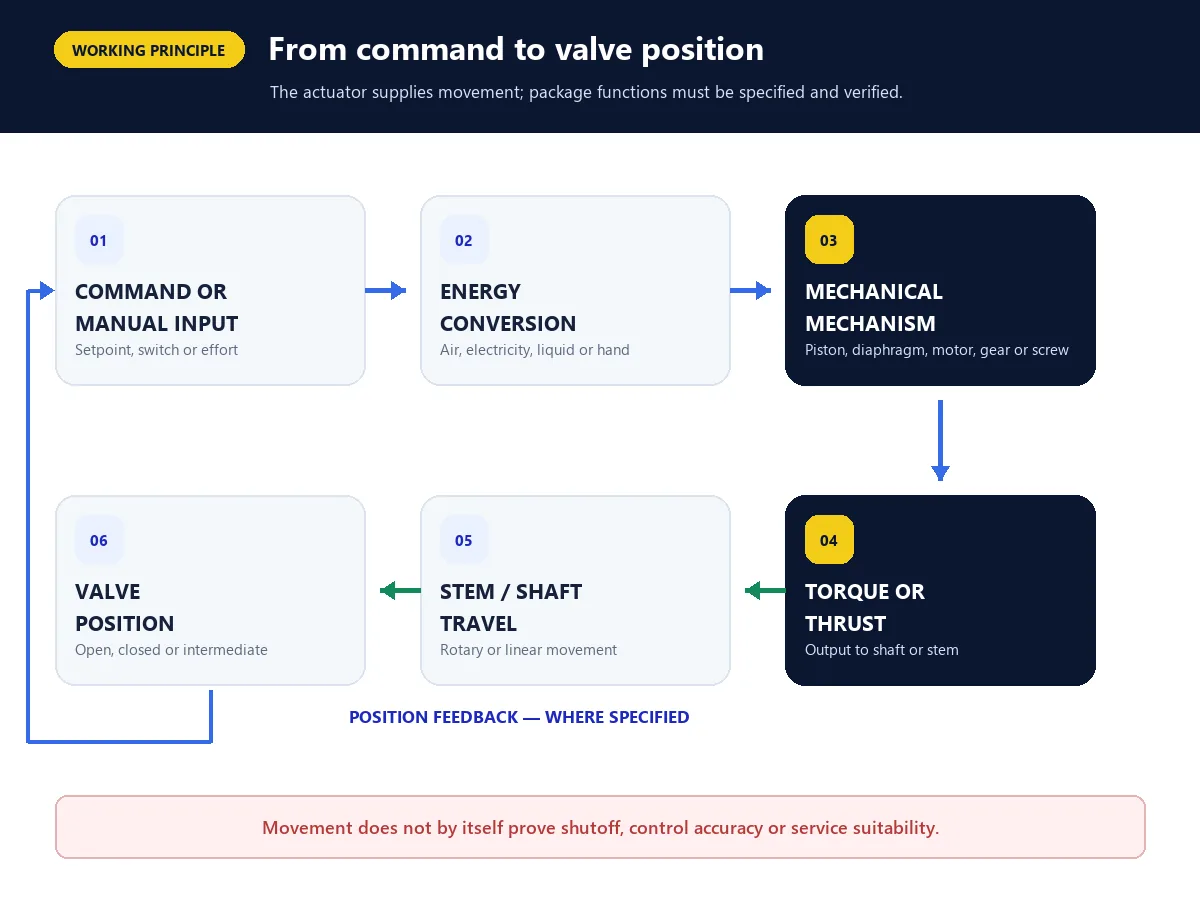 Diagram showing how a valve actuator converts a command and energy input into valve movement