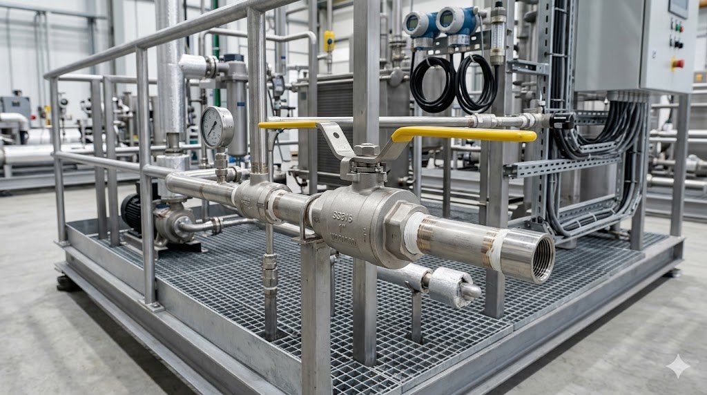 Compact threaded ball valve installed on small equipment piping