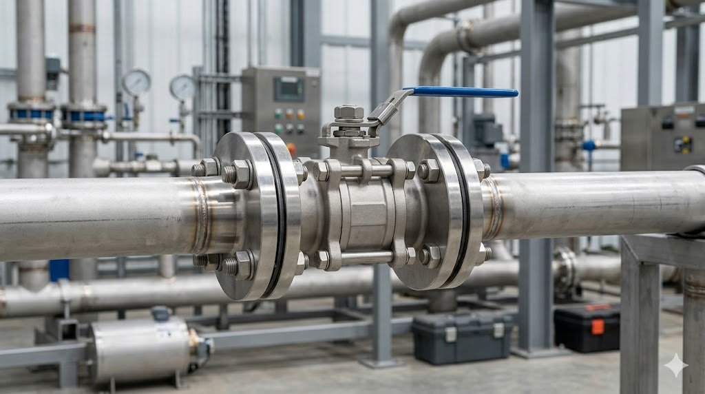 flanged ball valve installed between pipe flanges