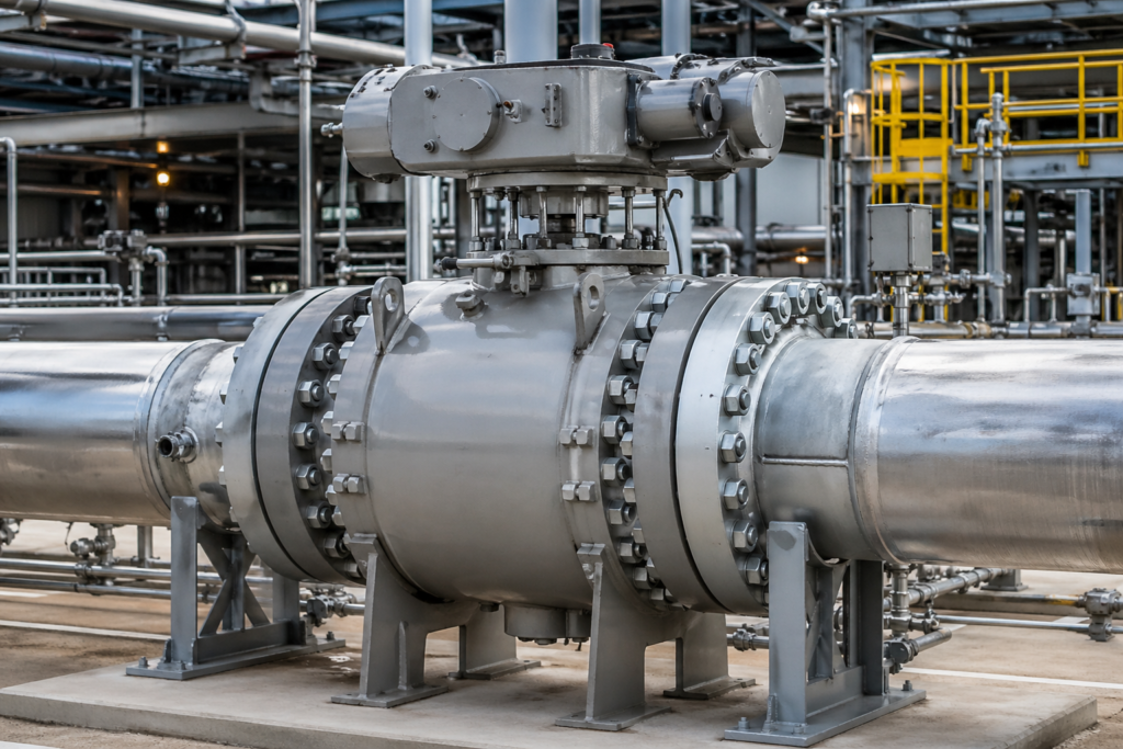 Trunnion mounted ball valve with actuator for high pressure pipeline service