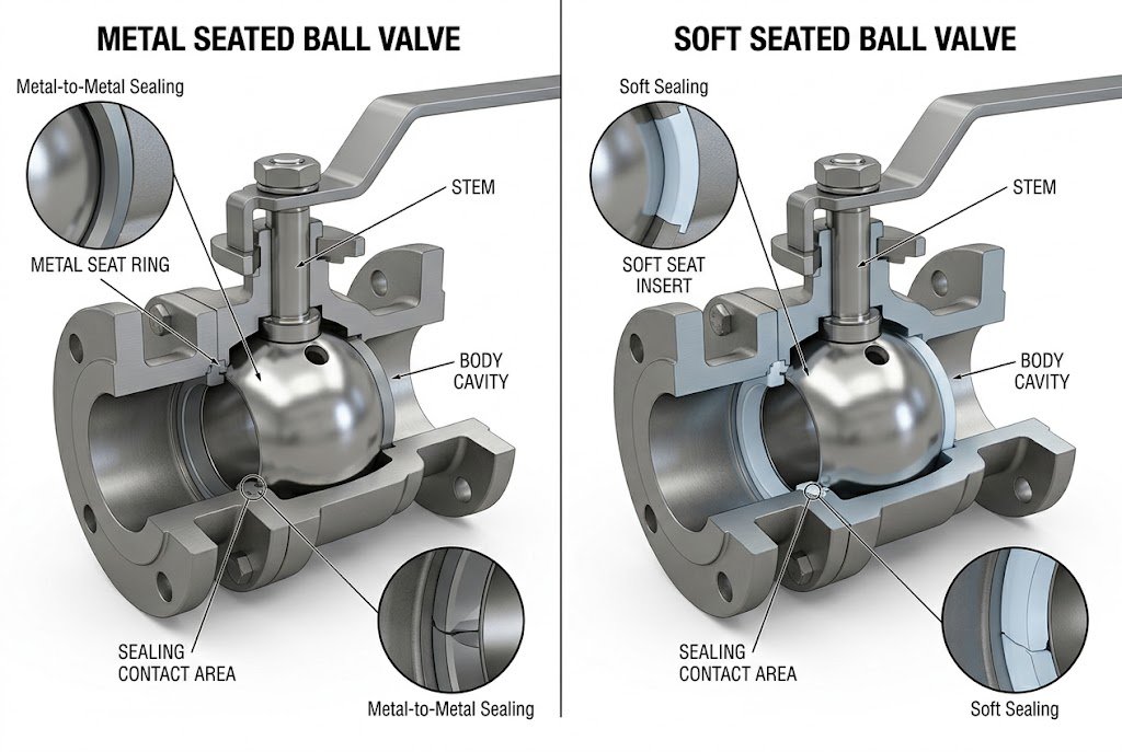 Metal seated ball valve sealing structure comparison