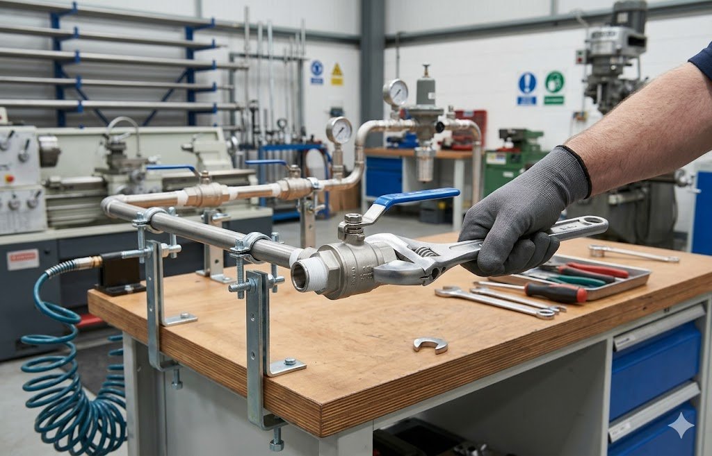 Threaded ball valve installation with proper wrenching and pipe support