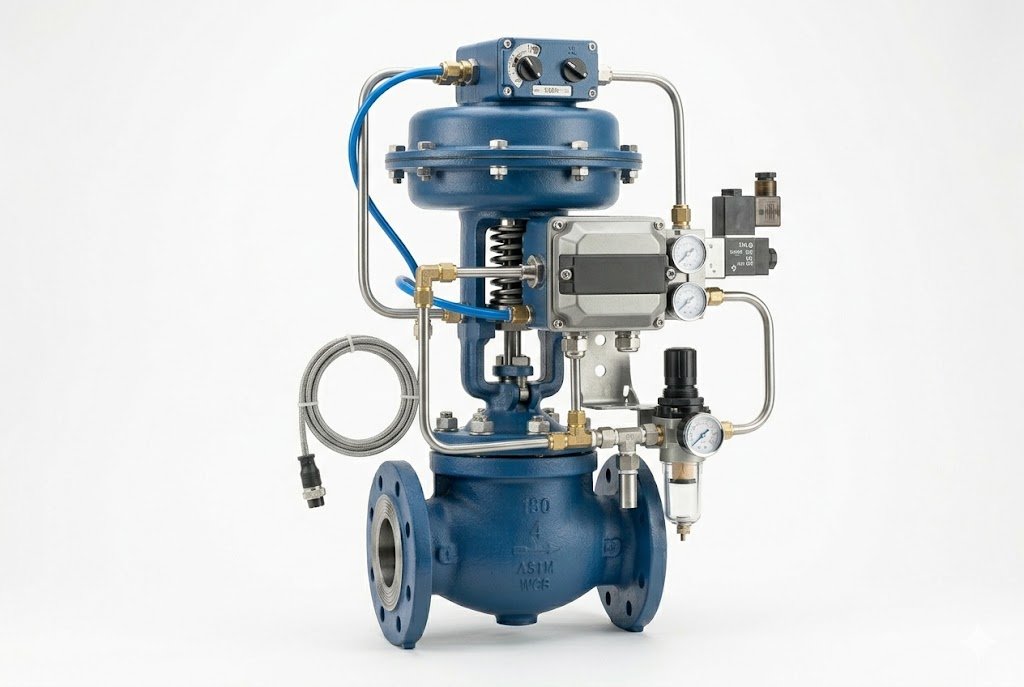 A realistic industrial product image of an automated globe valve control package, globe valve with pneumatic actuator, positioner, limit switch, solenoid valve, air filter regulator and control accessories, clean white background, professional engineering catalog style, high detail, no text, no watermark, no logo, 1200 × 800 px