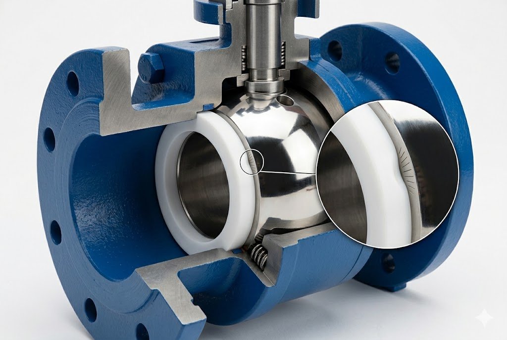 soft seated ball valve PTFE seat sealing contact detail