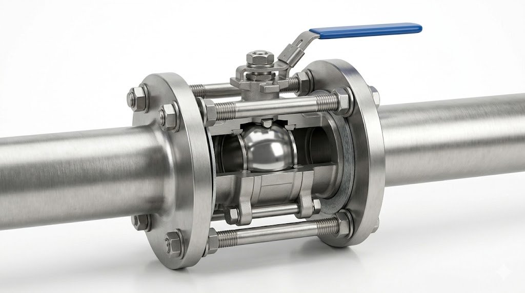 wafer type ball valve installed between flanges
