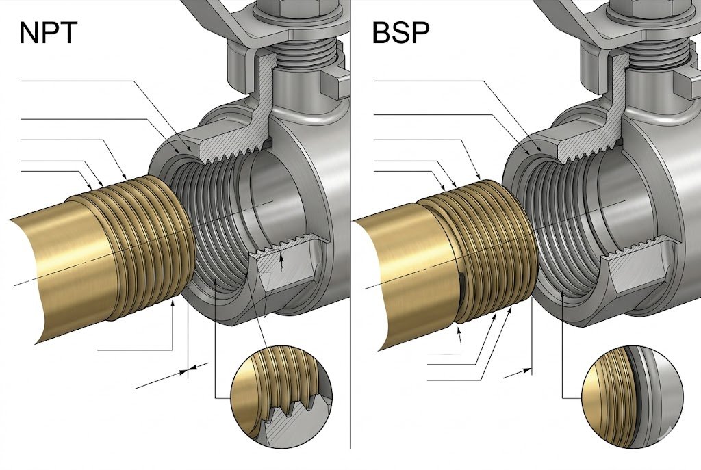 NPT vs BSP thread detail for threaded ball valve connection