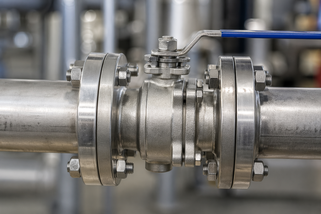 Flanged ball valve installation with gasket and bolts