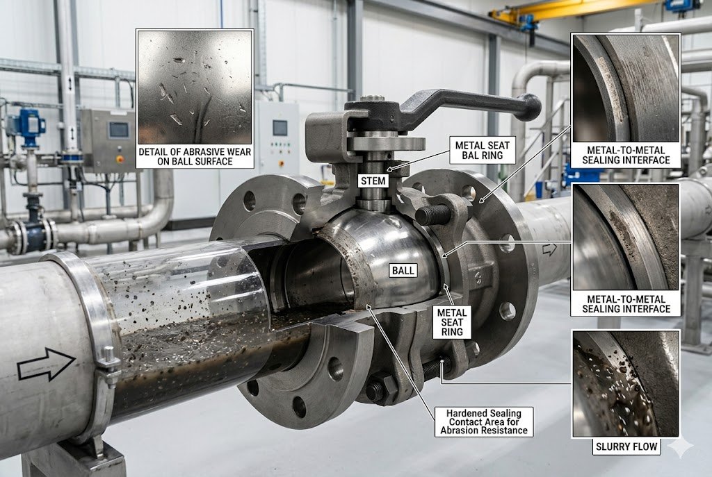 Metal seated ball valve for abrasive media service