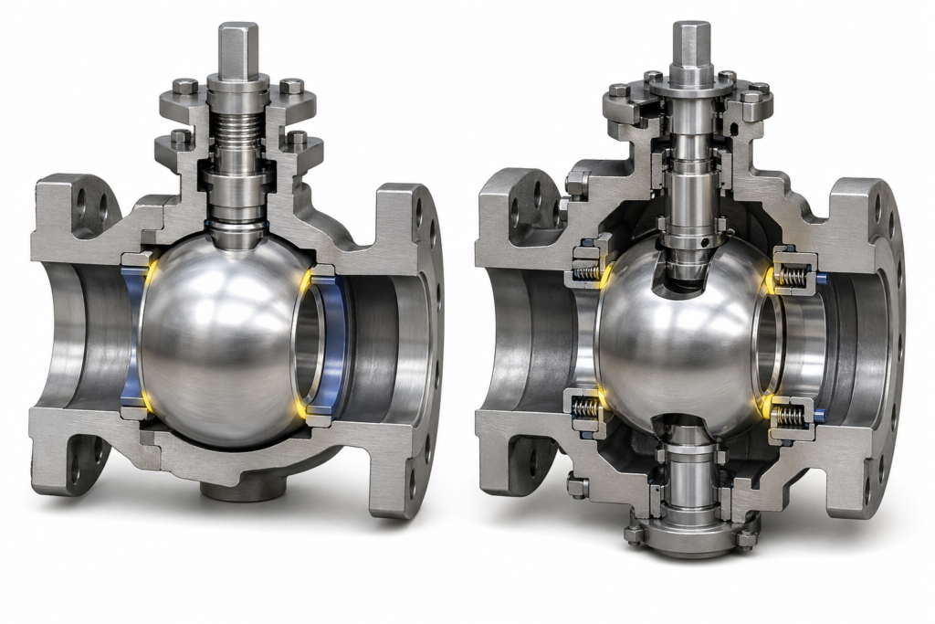 Internal structure comparison of floating ball valve and trunnion mounted ball valve