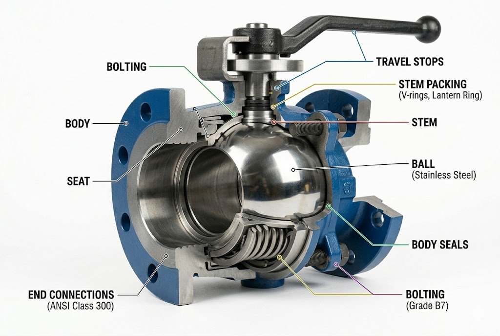 ball valve materials structure showing body ball stem seats and seals