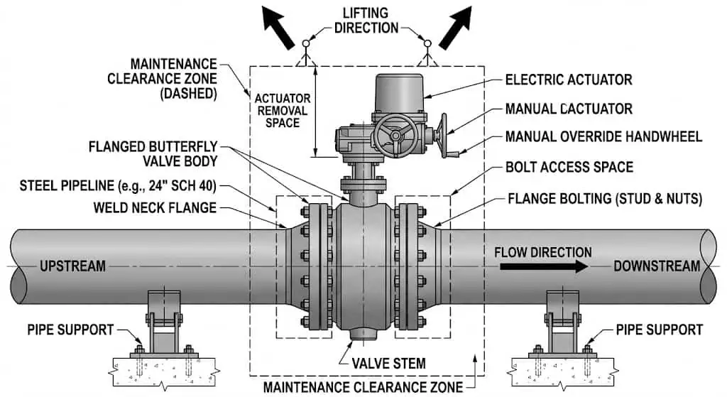 Flanged large diameter butterfly valve installation clearance showing valve body actuator envelope and piping access requirements