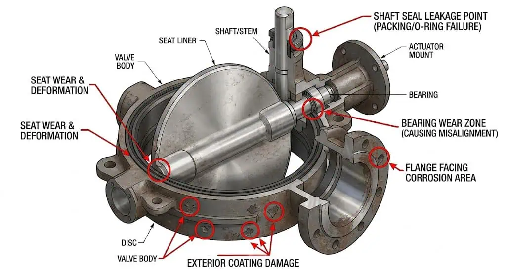 Large diameter butterfly valve failure points showing common leakage wear actuator and installation related trouble areas