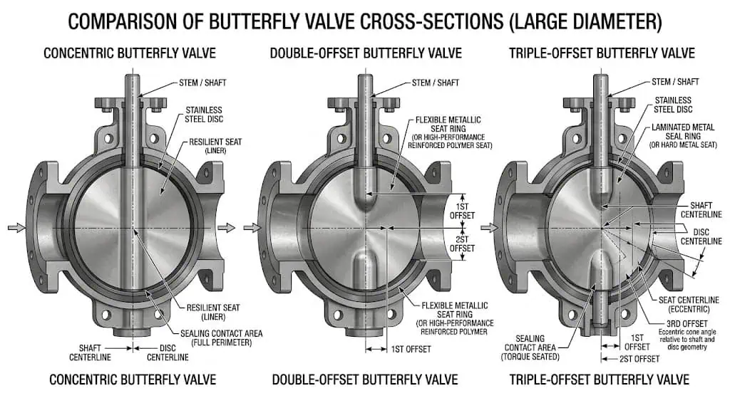 Large diameter butterfly valve structure comparison showing concentric double-offset and triple-offset butterfly valve designs
