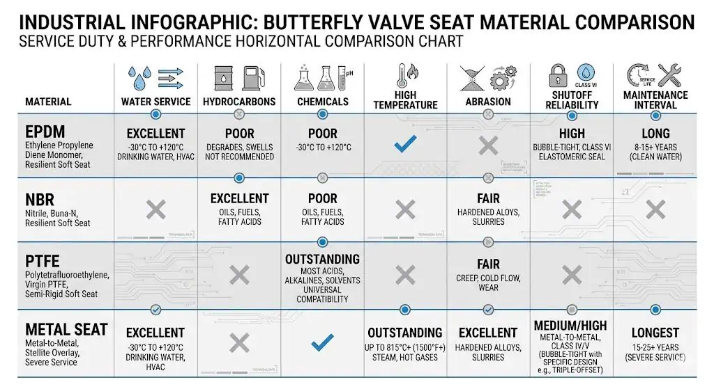 Seat material selection boundary for butterfly valves showing soft seat and metal seat application limits by service condition