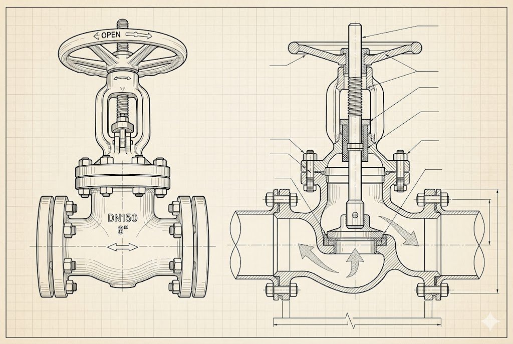 Technical cutaway drawing of a flanged globe valve showing disc seat stem bonnet and flanged ends