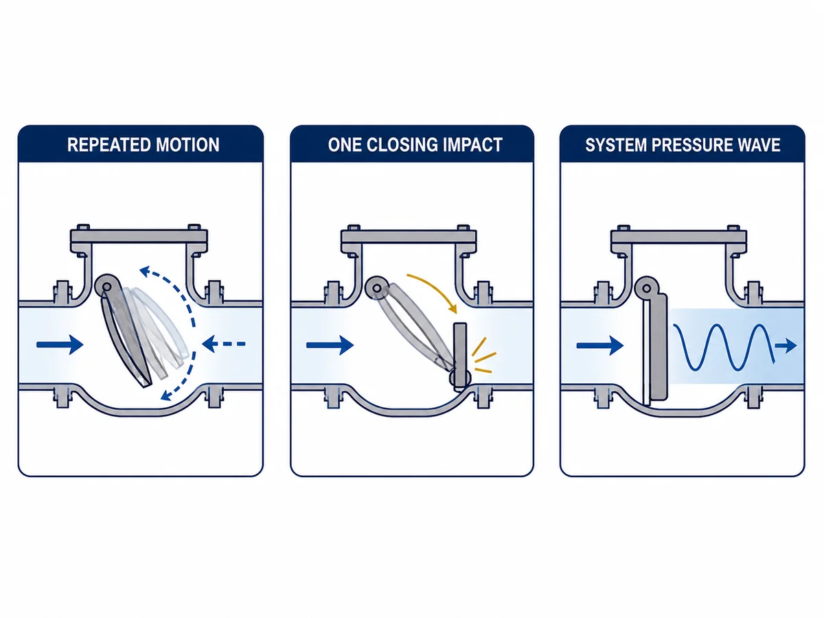 Three-panel diagram comparing repeated valve motion, one closing impact and a system pressure wave