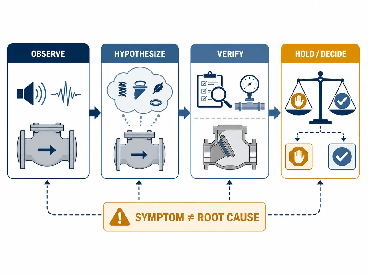 Field evidence workflow from observed check valve symptoms through hypothesis, verification and engineering decision