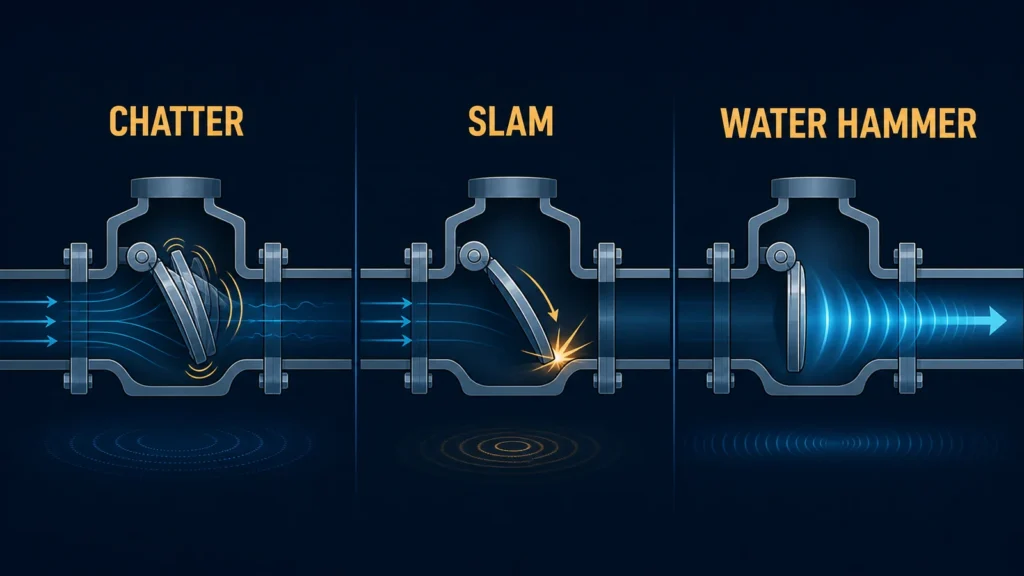 Check Valve Chatter vs Slamming: Causes, Field Evidence and Corrective Direction 2 Engineering concept separating repeated check valve chatter, a closing slam event and a traveling system pressure wave