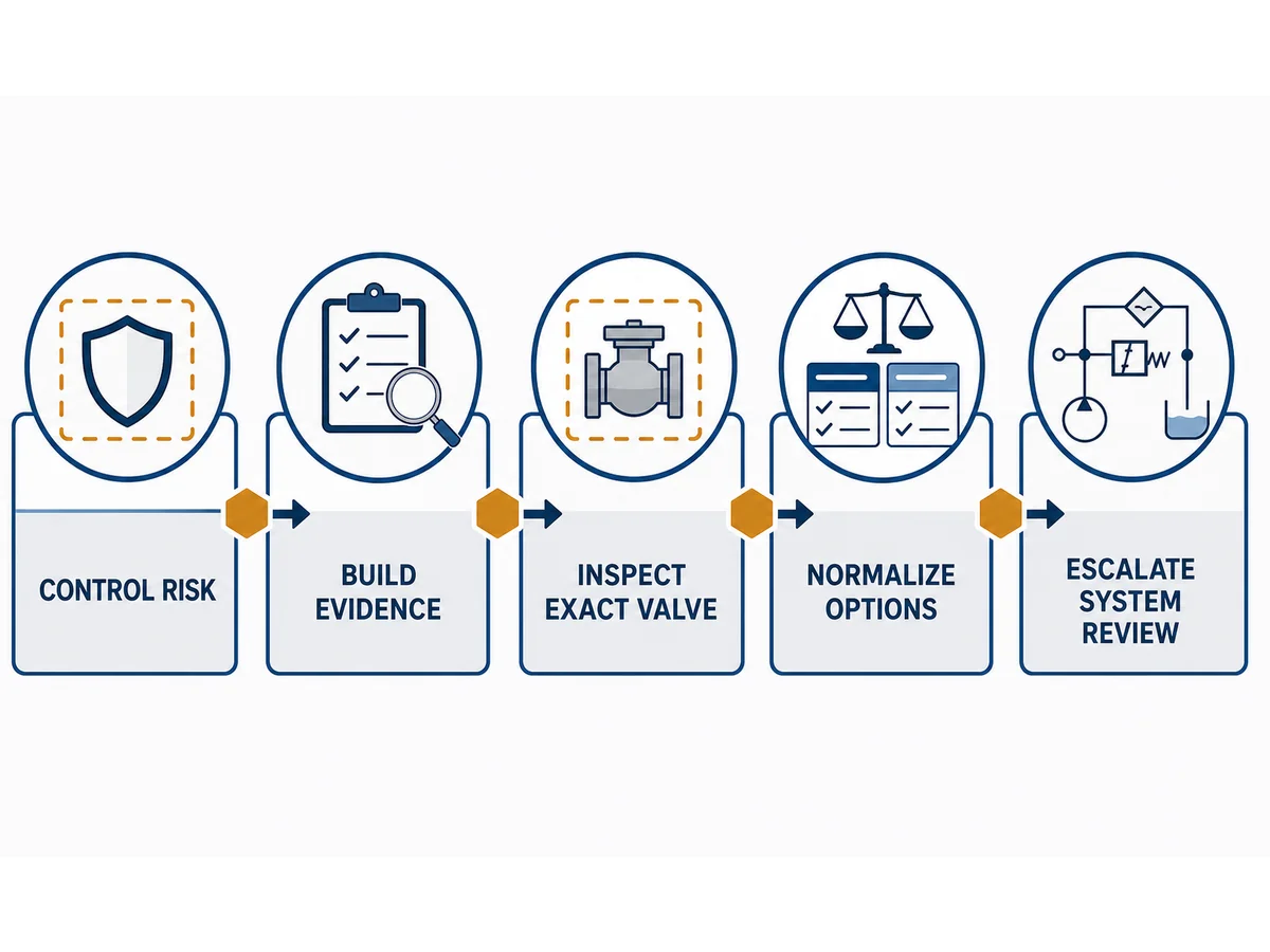 Flowchart from risk control and evidence collection to exact valve inspection, option review and system analysis