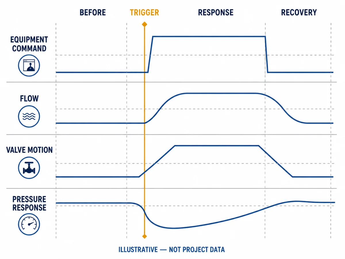 Example synchronized timeline for equipment command, flow, check valve motion and pressure response