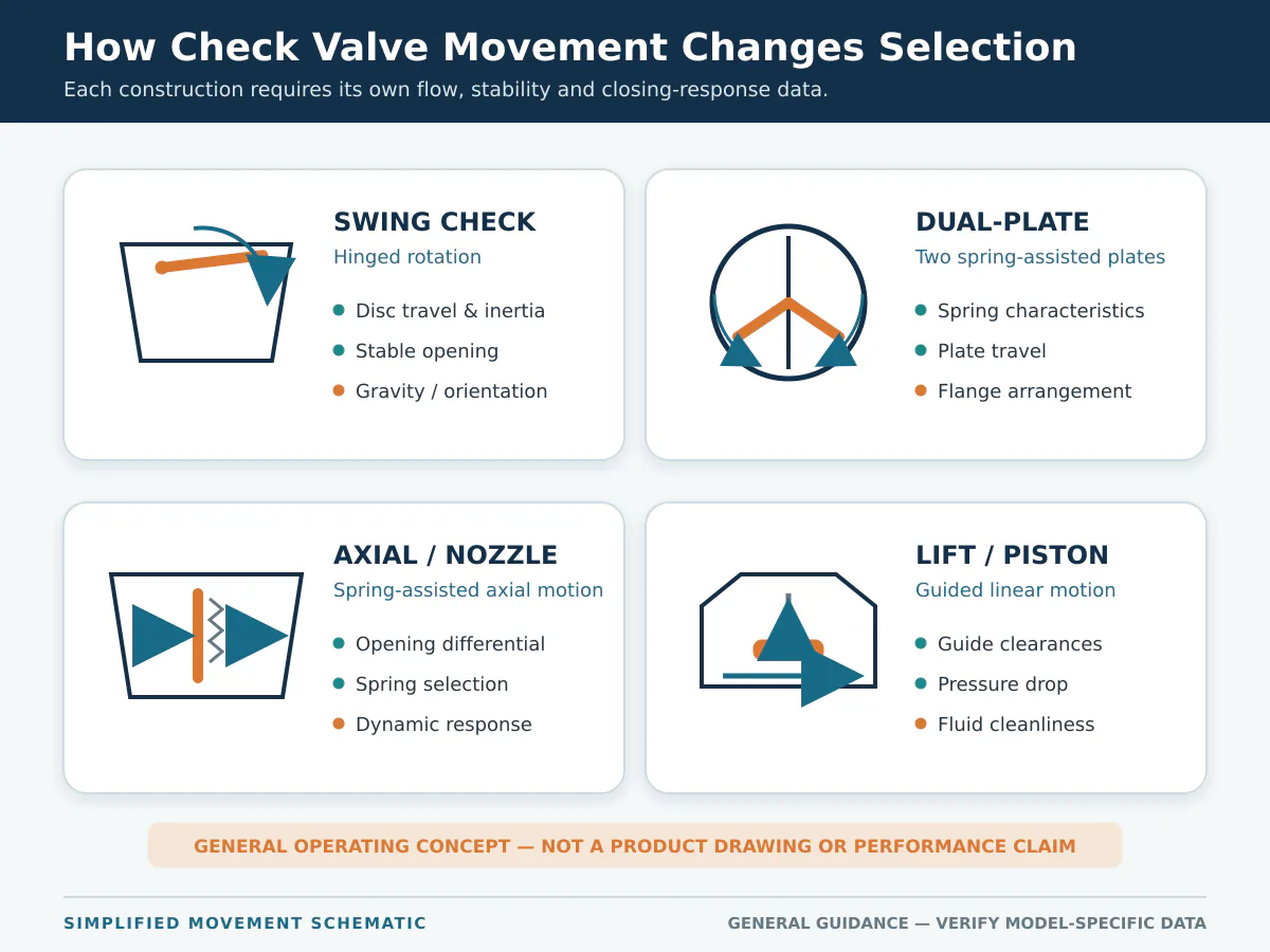 Movement comparison of swing, dual-plate, axial and lift check valves