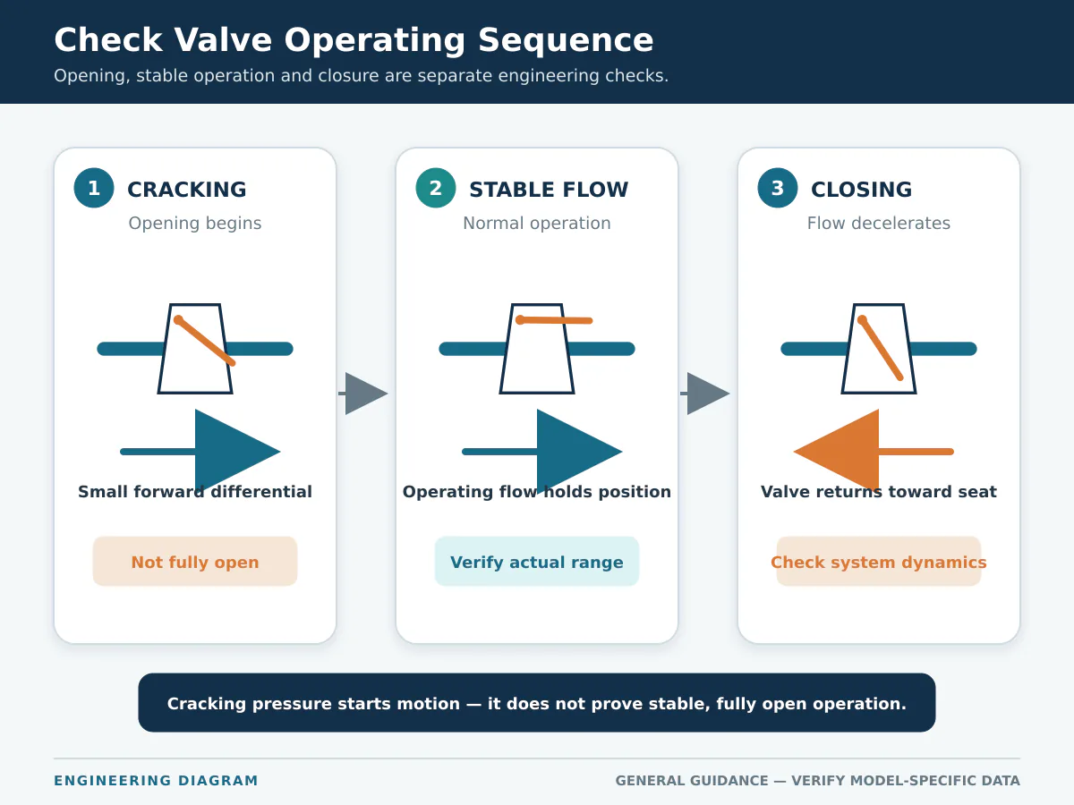 Check valve opening, stable flow and closing sequence