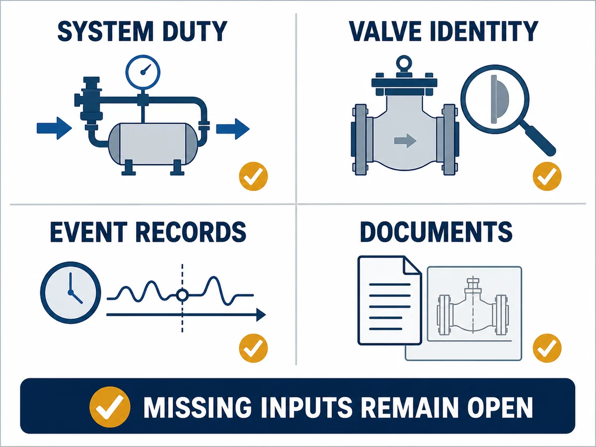 Check valve troubleshooting checklist covering system duty, valve identity, event records and documents