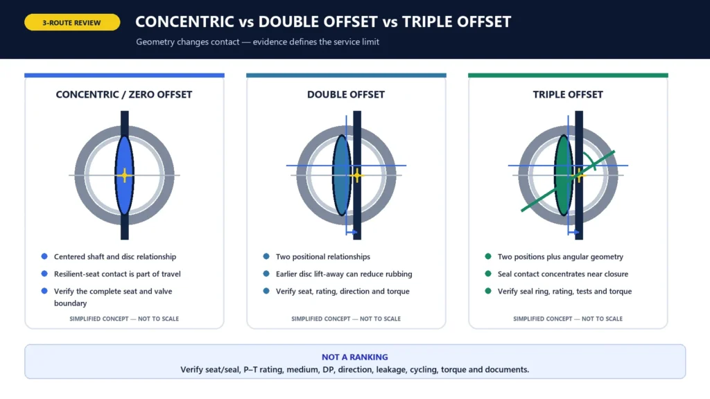 Concentric vs Double-Offset vs Triple-Offset Butterfly Valves: Service Limits 2 Conceptual geometry of concentric, double-offset and triple-offset butterfly valves