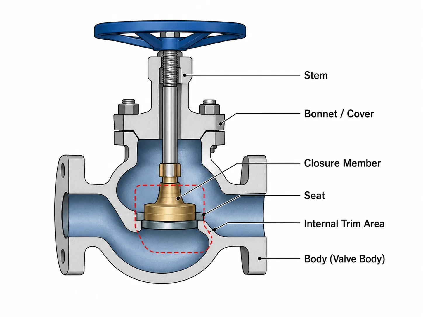 Simplified schematic identifying the valve body, bonnet, stem, seat and internal trim