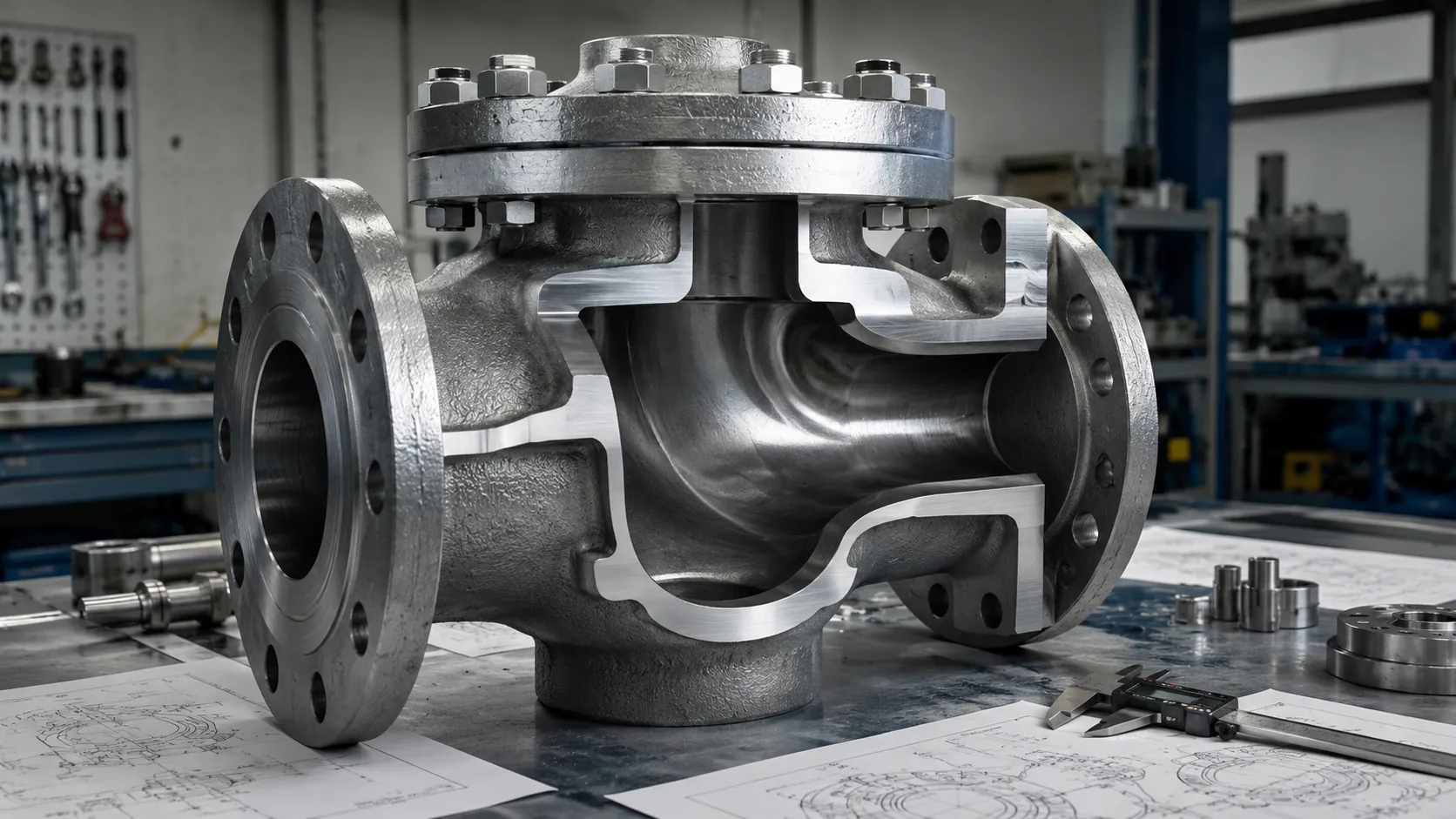 Industrial valve body concept showing the main casing and flanged flow connections