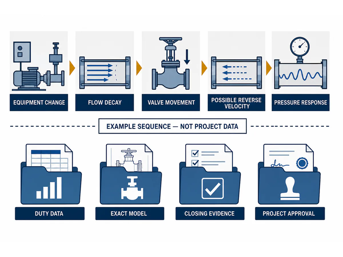Swing Check Valve vs Lift Check Valve: Pressure Drop, Installation, Closing Response and Selection 7 Illustrative sequence from equipment change and flow decay to valve movement, pressure response and project evidence