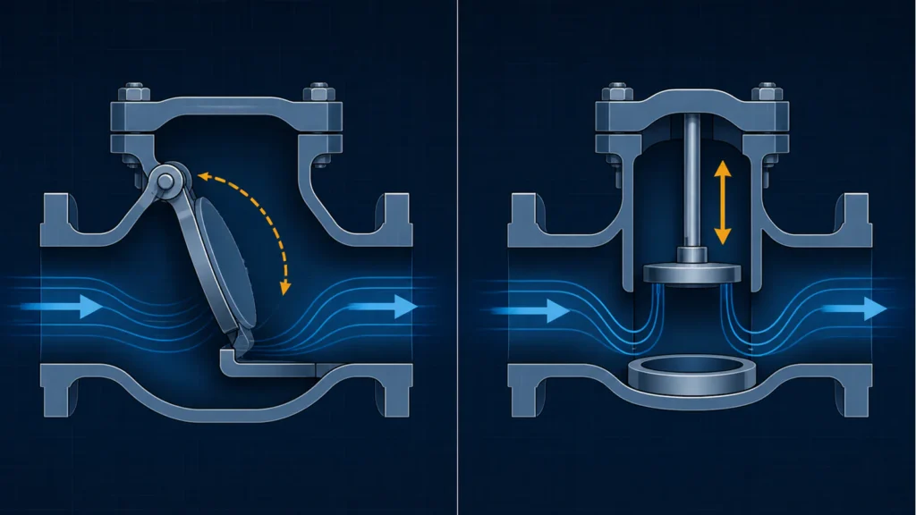 Swing Check Valve vs Lift Check Valve: Pressure Drop, Installation, Closing Response and Selection 2 Engineering concept comparing a hinged swing disc with a vertically guided conventional lift element
