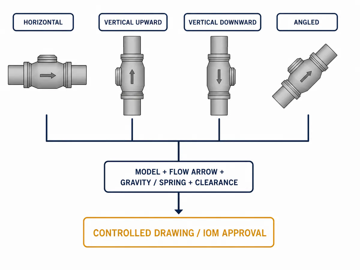 Swing Check Valve vs Lift Check Valve: Pressure Drop, Installation, Closing Response and Selection 6 Flowchart routing four piping orientations to exact-model drawing and IOM approval