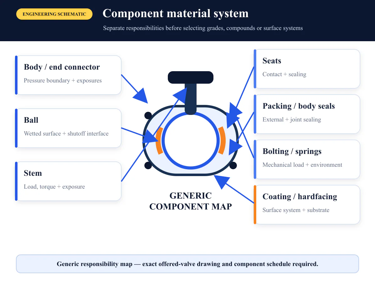 Ball valve component material responsibility map for body ball stem seats seals bolting and surfaces