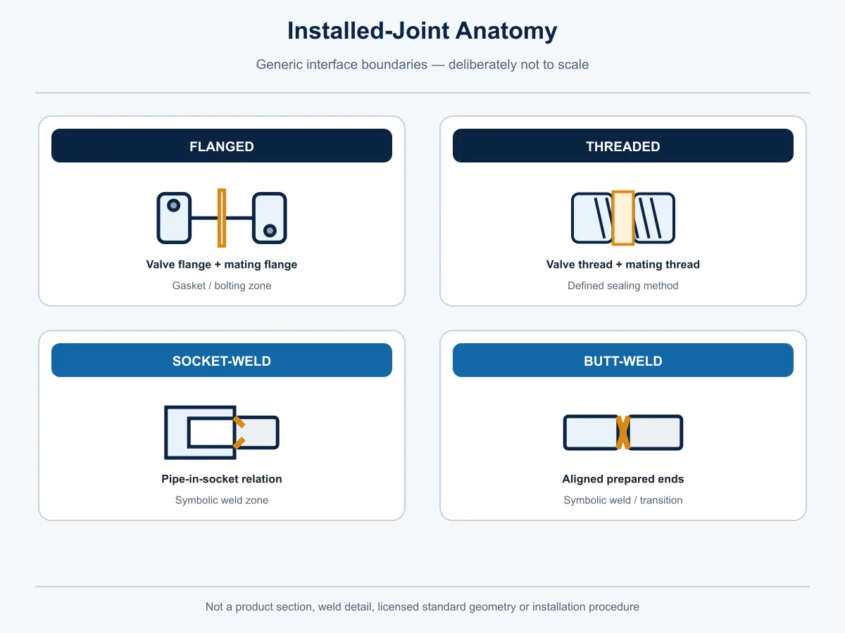 Simplified installed-joint anatomy for flanged threaded socket-weld and butt-weld Ball Valve ends