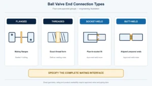 Engineering illustration comparing flanged threaded socket-weld and butt-weld Ball Valve piping interfaces