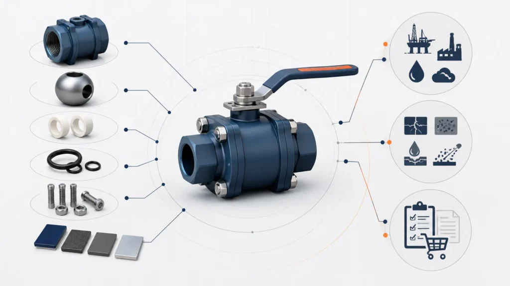 Ball Valve Materials: How to Specify the Complete Material Package 3 Ball valve material system linking valve components service conditions damage risks and supplier evidence
