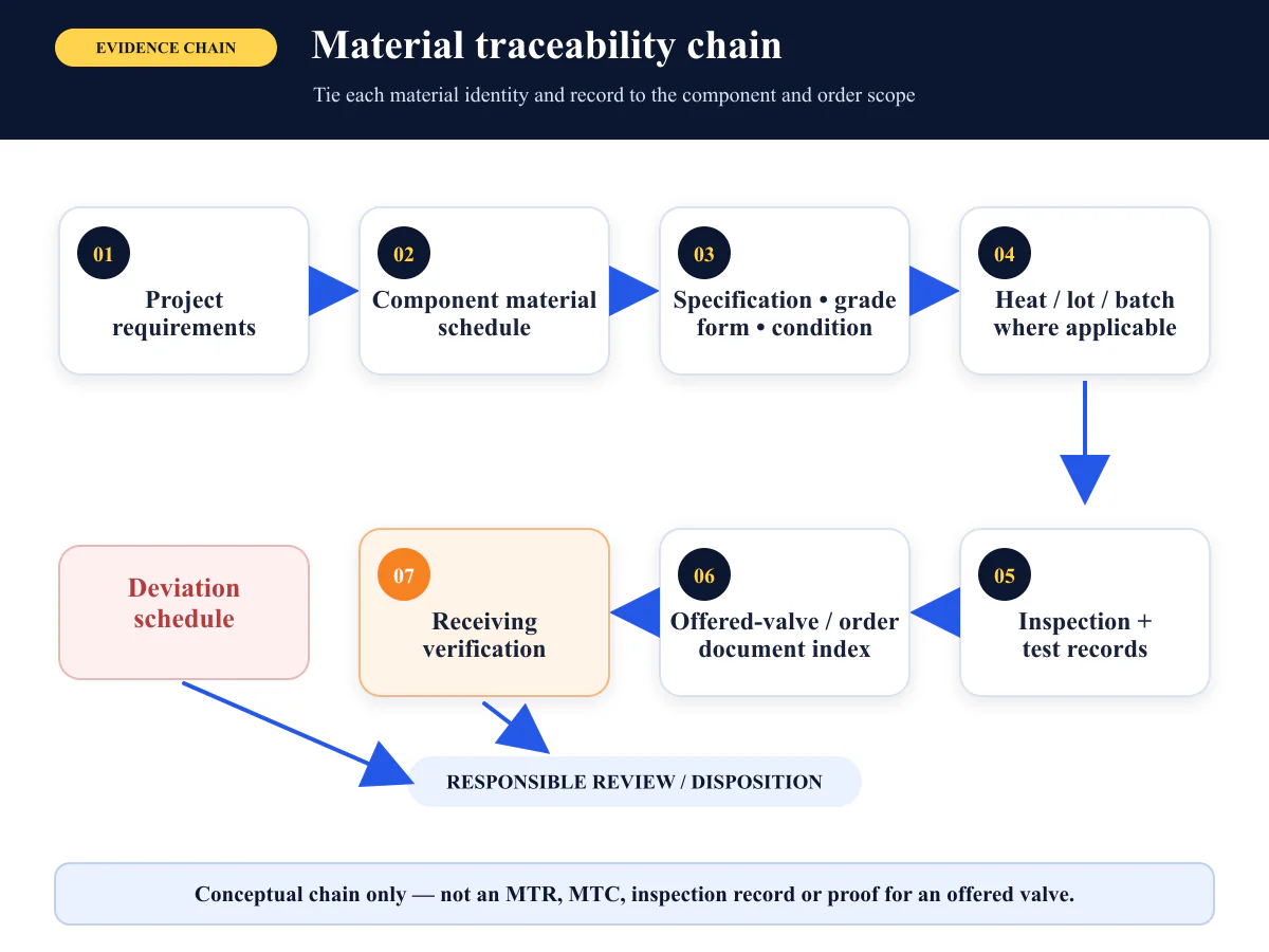 Ball valve material traceability chain from specification and heat or lot to component and order records