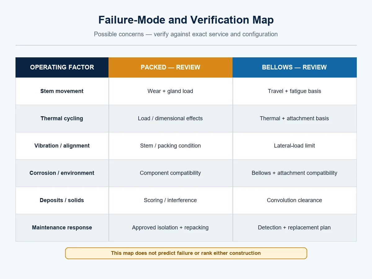 Failure modes and verification needs for bellows seal and packed globe valve stem sealing systems