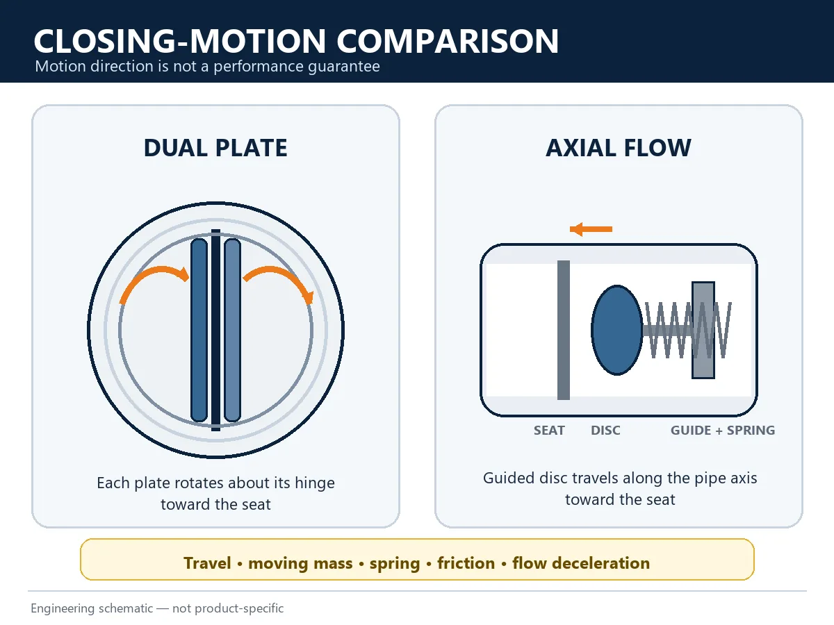 Schematic comparing dual-plate rotation about hinge axes with guided axial disc travel