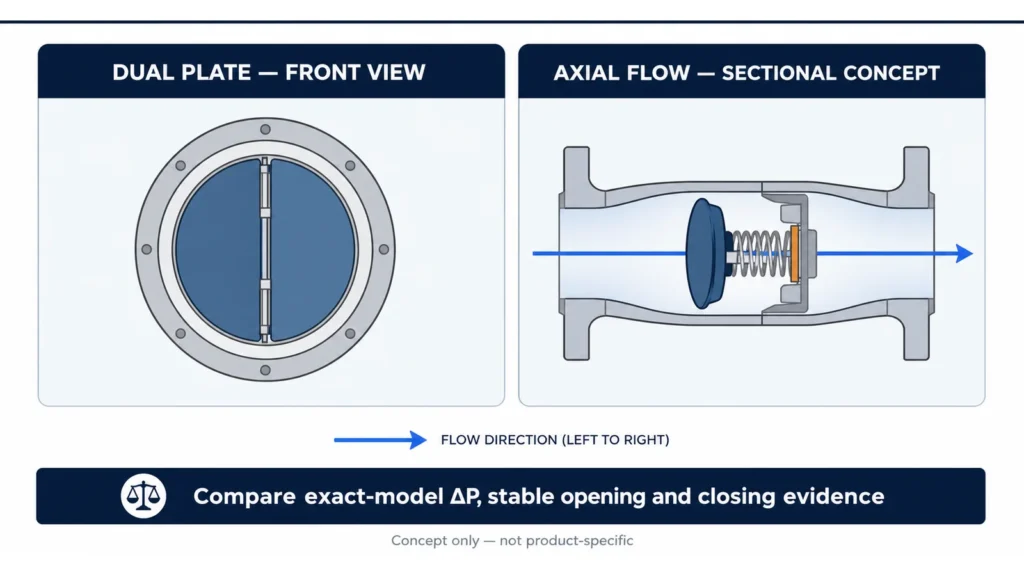 Dual Plate vs Axial Flow Check Valve: Pressure Loss, Closing Response and Pump Protection 2 Concept comparison of a dual-plate check valve front view and an axial-flow check valve sectional view