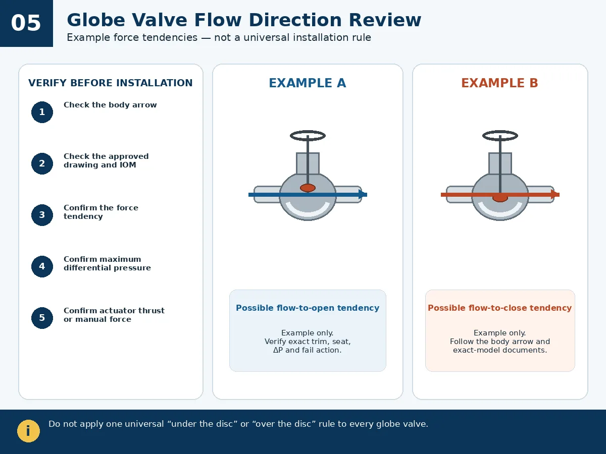 Globe valve flow direction review showing body arrow and manufacturer confirmation