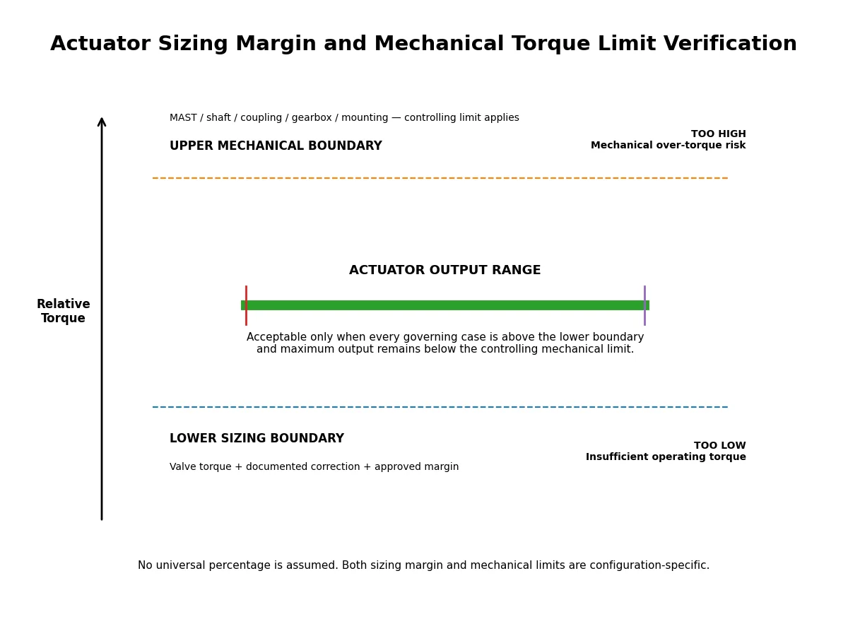 Actuator sizing diagram showing required valve torque, approved sizing margin and maximum allowable mechanical torque limit.