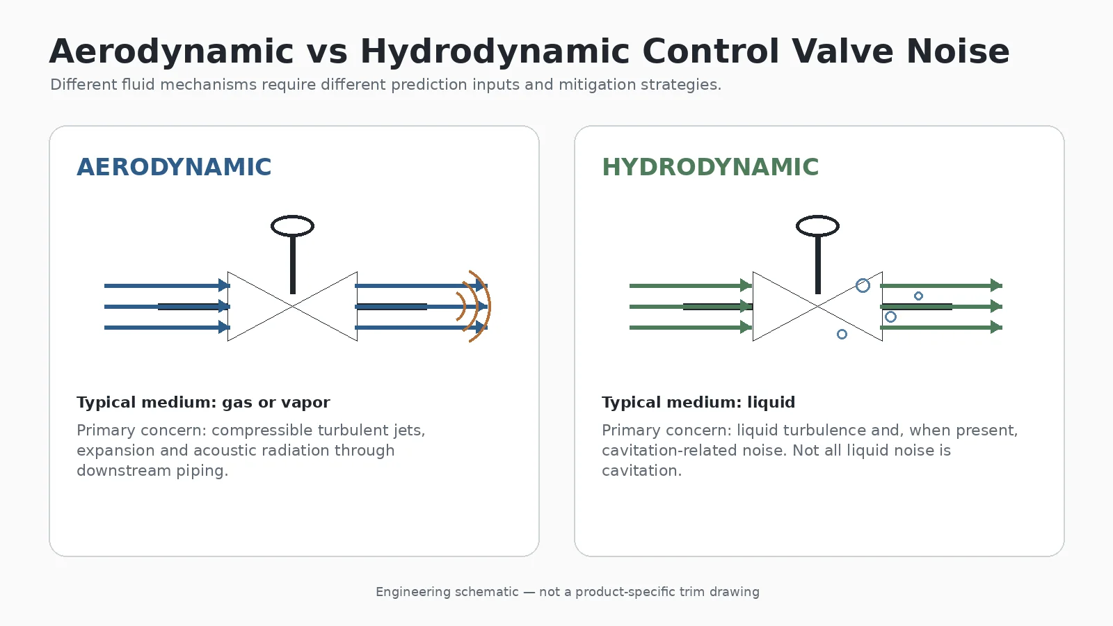 Aerodynamic and hydrodynamic control valve noise comparison showing gas and liquid flow mechanisms