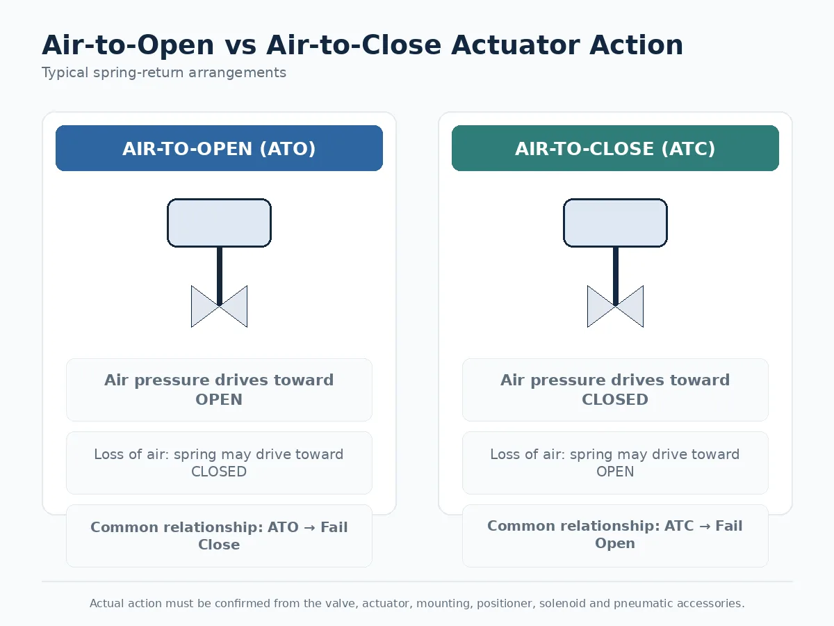Air-to-open and air-to-close pneumatic actuator action schematic