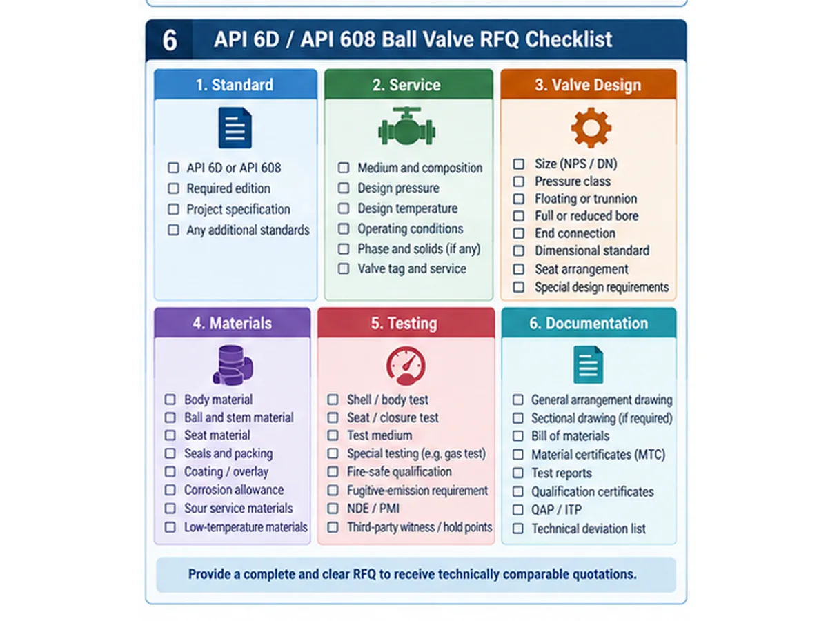 API 6D and API 608 ball valve RFQ checklist for engineering and procurement