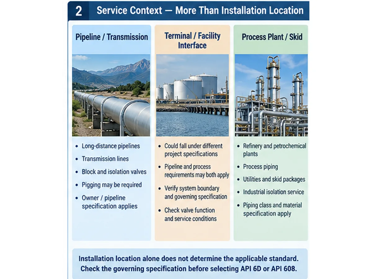 Pipeline and process piping service context for API 6D and API 608 ball valves