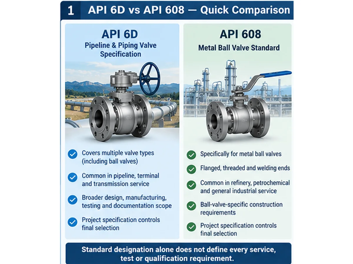 API 6D vs API 608 ball valve comparison showing pipeline and process piping specification context