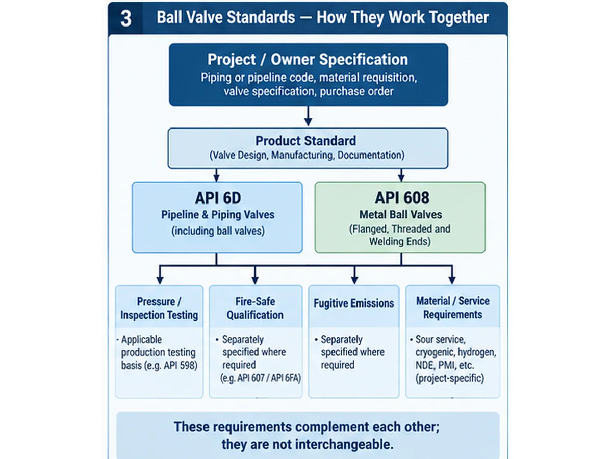 Relationship between API 6D, API 608, pressure testing and separate qualification requirements