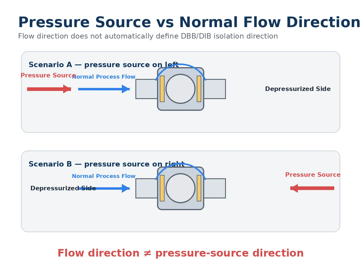 Ball valve pressure source versus normal process flow direction diagram